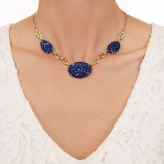 Art Deco Carved Lapis Necklace  