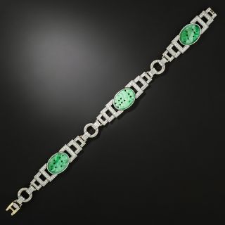 Art Deco Carved Natural Burmese Jade and Diamond Bracelet - 1