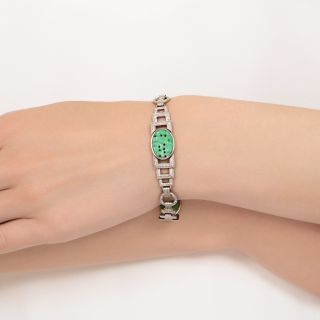 Art Deco Carved Natural Burmese Jade and Diamond Bracelet
