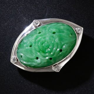 Art Deco Carved Natural Burmese Jade and Diamond Pin - 5