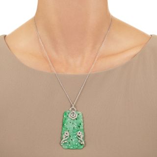 Art Deco Carved Natural Jade and Diamond Necklace by W. Loeb
