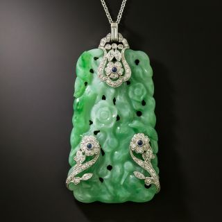 Art Deco Carved Natural Jade and Diamond Necklace by W. Loeb - 6