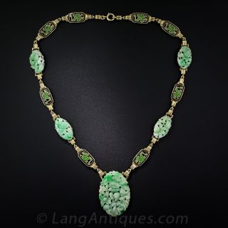 Art Deco Carved Natural Jade, Enameled Necklace and Bracelet