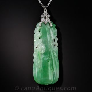 Art Deco Carved Natural Jadeite and Diamond Pendant - 1
