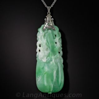 Art Deco Carved Natural Jadeite and Diamond Pendant
