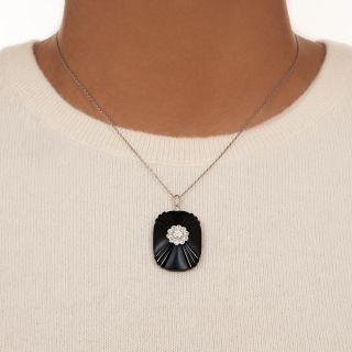 Art Deco Carved Onyx and Diamond Cluster Pendant