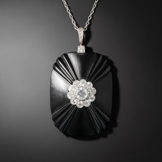 Art Deco Carved Onyx and Diamond Cluster Pendant - 2