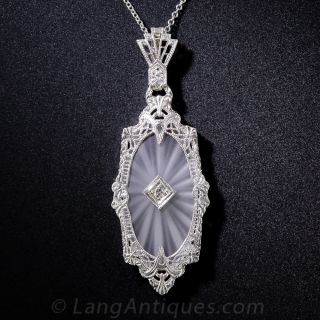 Art Deco Carved Quartz and Diamond Filigree Pendant