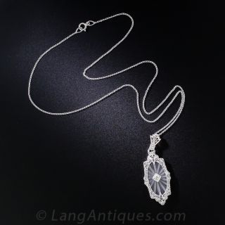 Art Deco Carved Quartz and Diamond Filigree Pendant