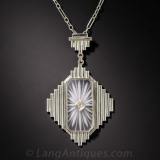 Art Deco Carved Quartz and Diamond Pendant