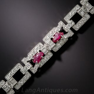 Art Deco Carved Ruby and Diamond Bracelet by Waslikoff