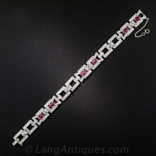 Art Deco Carved Ruby and Diamond Bracelet by Waslikoff