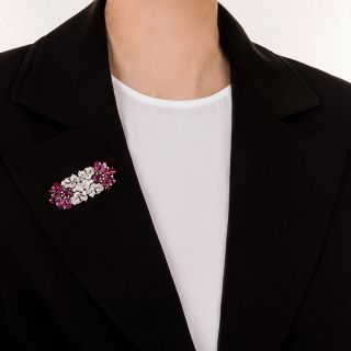 Art Deco Carved Ruby and Diamond Clips/Brooch