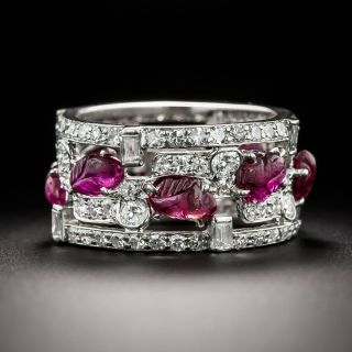Art Deco Carved Ruby and Diamond Eternity Band, Size 4 3/4 - 3