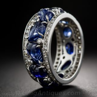Art Deco Carved Sapphire, Platinum and Diamond Eternity Band