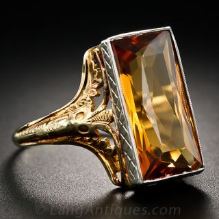 Art Deco Citrine and Two-Tone Gold Filigree Ring