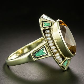 Art Deco Citrine, Pearl and Enamel Ring