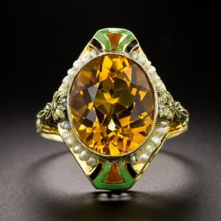 Art Deco Citrine, Seed Pearl and Enamel Ring - 2