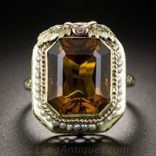 Art Deco Citrine Tri-Color Gold and Seed Pearl Ring