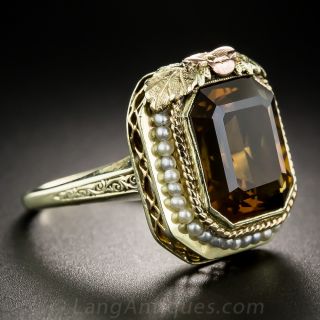 Art Deco Citrine Tri-Color Gold and Seed Pearl Ring