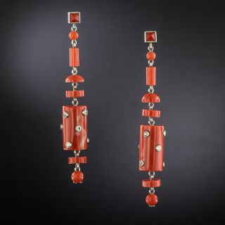 Art Deco Coral and Diamond Dangle Earrings - 2