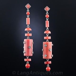 Art Deco Coral and Diamond Drop Earrings in Platinum