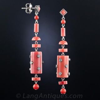 Art Deco Coral and Diamond Drop Earrings in Platinum