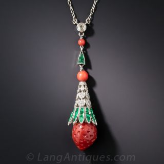 Art Deco Coral Emerald and Diamond Strawberry Necklace - 1