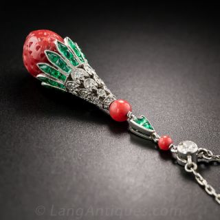 Art Deco Coral Emerald and Diamond Strawberry Necklace