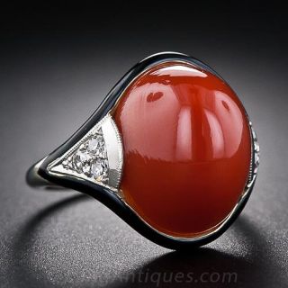 Art Deco Coral, Enamel and Diamond Ring