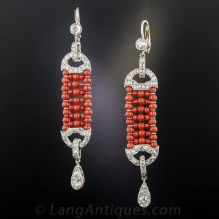 Art Deco Style Coral, Platinum and Diamond Earrings