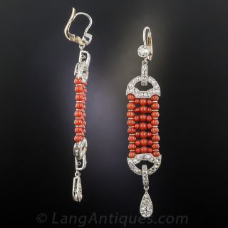 Art Deco Style Coral, Platinum and Diamond Earrings