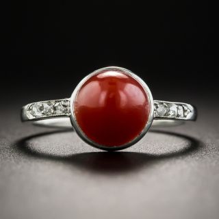 Art Deco Coral Platinum Diamond Ring  - 1