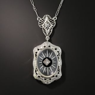 Art Deco Crystal Quartz Diamond and Black Onyx Pendant Necklace 