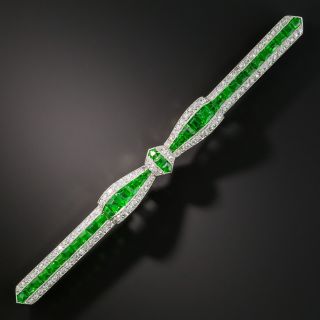 Art Deco Demantoid Garnet and Diamond Bow Bar Pin - 1