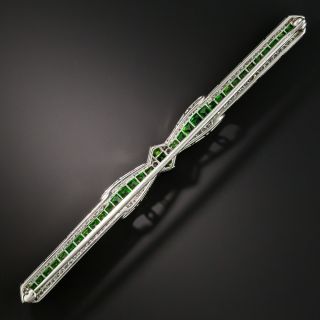 Art Deco Demantoid Garnet and Diamond Bow Bar Pin
