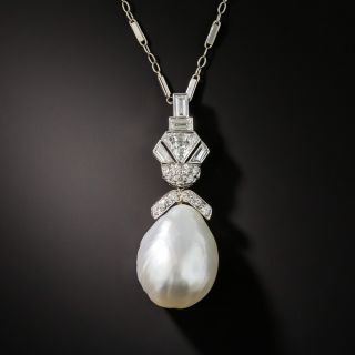 Art Deco Diamond and Baroque Pearl Drop Pendant - 2