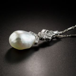 Art Deco Diamond and Baroque Pearl Drop Pendant