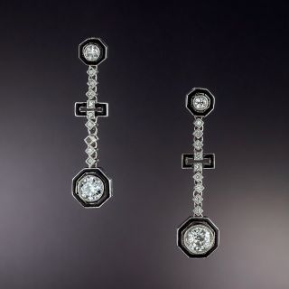 Art Deco Diamond and Black Enamel Dangle Earrings - 1