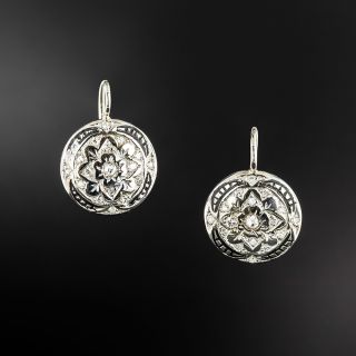 Art Deco Diamond and Black Enamel Round Drop Earrings - 2