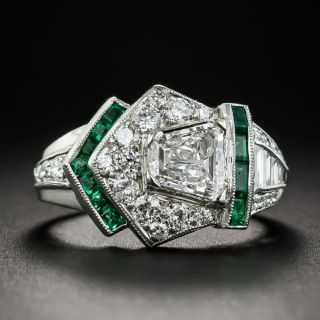Art Deco .89 Carat Diamond and Calibre Emerald Ring - GIA D VS2 - 1