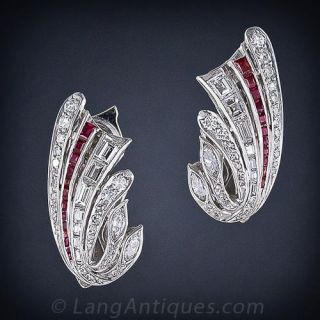 Art Deco Diamond and Calibre Ruby Clip Earrings