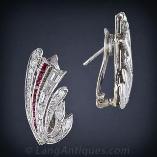 Art Deco Diamond and Calibre Ruby Clip Earrings