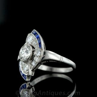 Art Deco Diamond and Calibre Sapphire Cocktail Ring