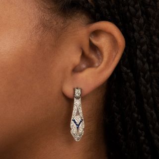 Art Deco Diamond and Calibre Sapphire Drop Earrings 