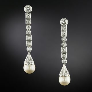 Art Deco Diamond and Cultured Pearl Dangle Earrings - 2