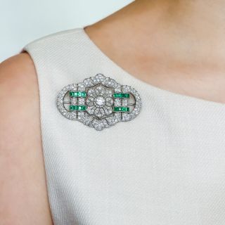 Art Deco Diamond and Emerald Brooch
