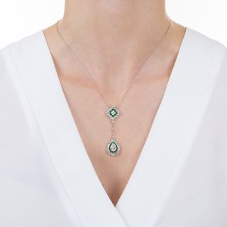 Art Deco Diamond and Emerald Double Drop Necklace