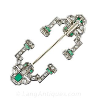 Art Deco Diamond and Emerald Jabot Pin