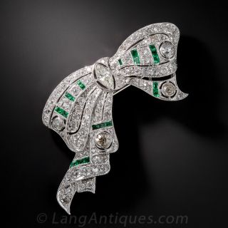Art Deco Diamond and Emerald Platinum Bow Brooch